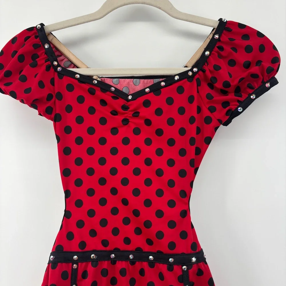Ladybug Red Black Polka Dot Rhinestone Open Back Dance Costume Large Girls